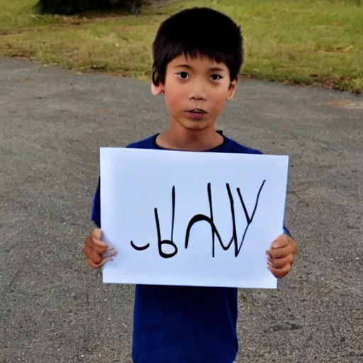 Image similar to A boy holding a sign saying, james