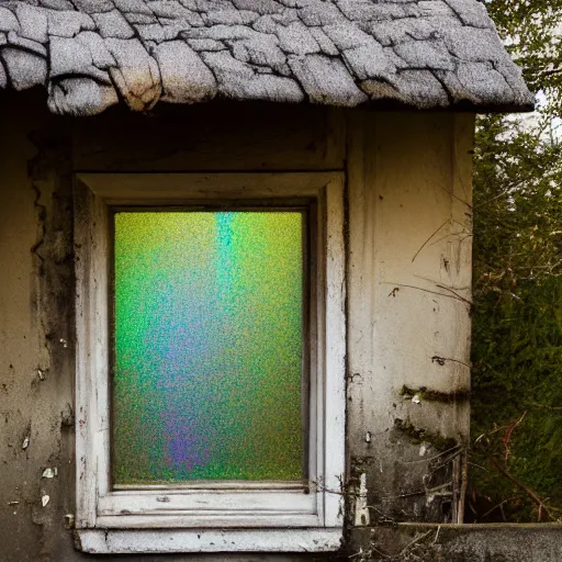 Image similar to specs of light, iridescent bokeh, abandoned cottage