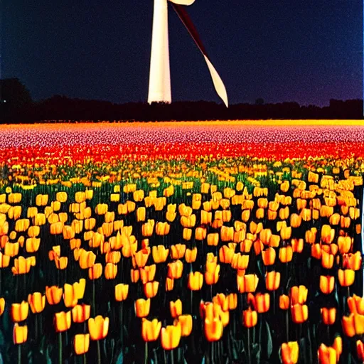 Prompt: “a burning wind turbine in a field of tulips at night time. It is night and very dark. Fireworks in the night sky. 35mm film. Cursed image.”