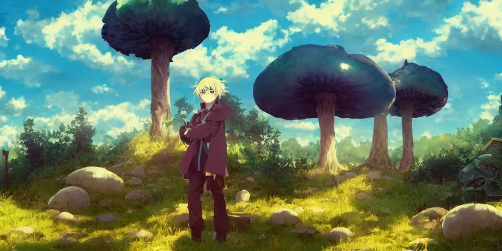 Prompt: isekai masterpiece anime boy standing tree log looking up at giant mushrooms, high noon, cinematic, very warm colors, intense shadows, layered stratocumulus clouds, anime illustration, anime screenshot composite background, red, green, cyan, and hints of purple grunge aesthetic gradients, ink splatter