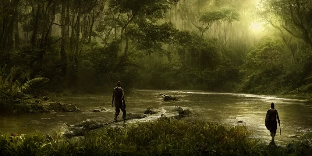 Image similar to an adventurer walking along the river bank in a kerala forest, an epic fantasy, dramatic lighting, cinematic, extremely high detail, photorealistic, cinematic lighting, matte painting, artstation, by Christopher Nolan, horizon forbidden west