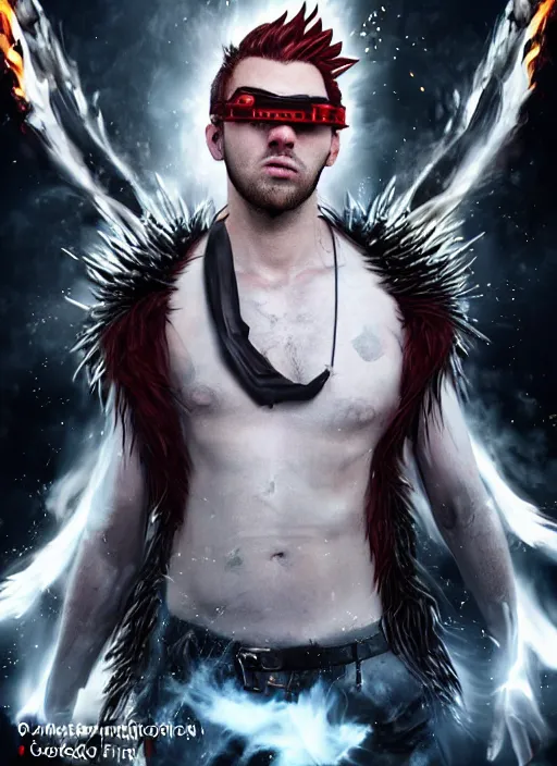 Image similar to An epic fantasy comic book style portrait painting of young man with red spiked long hair, using googles. Wearing a black waistcoat, white shirt. Fire on his hands. Unreal 5, DAZ, hyperrealistic, octane render, cosplay, RPG portrait, dynamic lighting