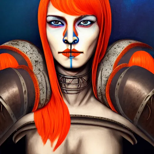 Prompt: illustrated portrait of skinny prominently ram-horned woman with solid black eyes orange skin and blue hair wearing leather armor, hyper detailed, photorealistic