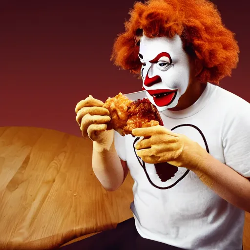 Image similar to Ronald McDonald eating a chicken leg out of a KFC bucket, hyper realistic, photography