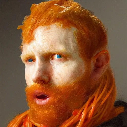 Image similar to highly detailed portrait of a ginger mans face who has had a plate spaghetti bolognese tipped all over his head artstation, 8 k, sfx, john singer sargent.