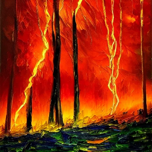 Image similar to a forest in flames with lightning in the background, oil painting, beautiful, enchanting, nature