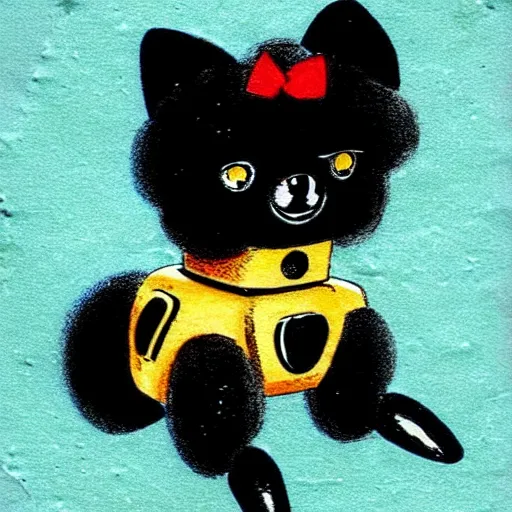 Image similar to a cute retro black pomeranian robot!!!!!! ( ( ( alcohol ink on parchment, muted colors, shading!!!, detailed, textured parchment background, 1 9 5 0 s concept art ) ) )