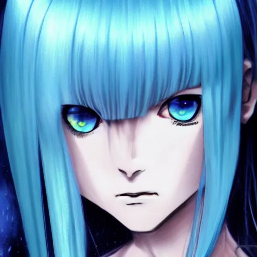 Prompt: drawing of rimuru tempest, sky blue straight hair, long bangs, with amber eyes, wearing a black jacket, high collar, ultra detailed, brush strokes, skin texture, digital painting, cinematic, wlop artstation, closeup, pixiv, eerie, scary, intimidating glare, evil, junji ito, yoshitaka amano