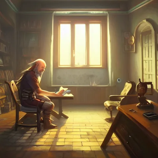 Prompt: a man and a room melting in a room with two computers, d & d, fantasy digital painting, trending on artstation, concept art, sharp focus, illustration, global illumination, ray tracing, realistic shaded, art by artgerm and greg rutkowski and fuji choko and viktoria gavrilenko and hoang lap