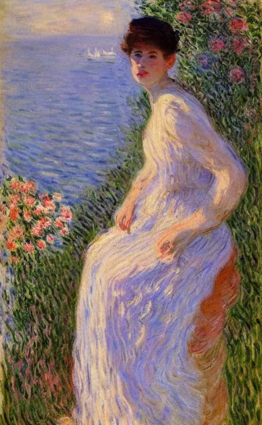 Image similar to portrait by claude monet!! of a lovely woman!! looking at us daydreaming! lake como in background!!!