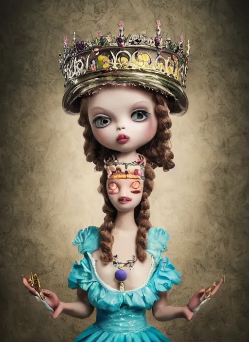 Image similar to closeup face profile portrait of a tin toy fairytale goth princess wearing a crown eating cakes, bikini, depth of field, zeiss lens, detailed, symmetrical, centered, fashion photoshoot, by nicoletta ceccoli, mark ryden, lostfish, breathtaking, 8 k resolution, extremely detailed, beautiful, establishing shot, artistic, hyperrealistic, octane render