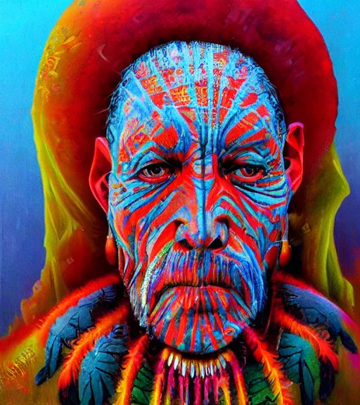 Image similar to Portrait painting in a style of Beksinski mixed with Alex Grey of an old shaman dressed in a colorful traditional clothes.