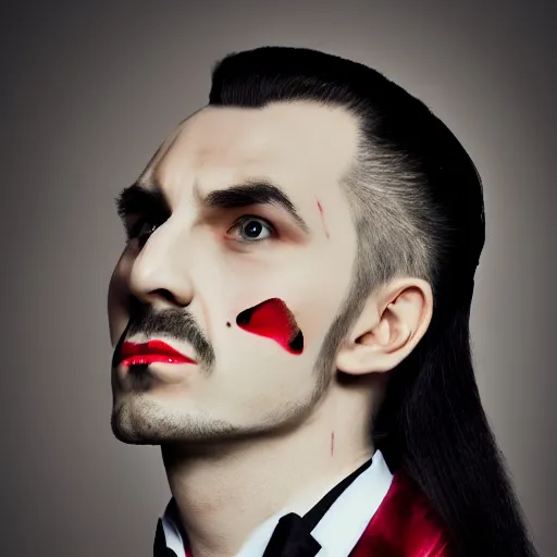 Image similar to side portrait of dracula, aggressive, fashion photo, studio photo, photorealistic, ultra detailed, bokeh.