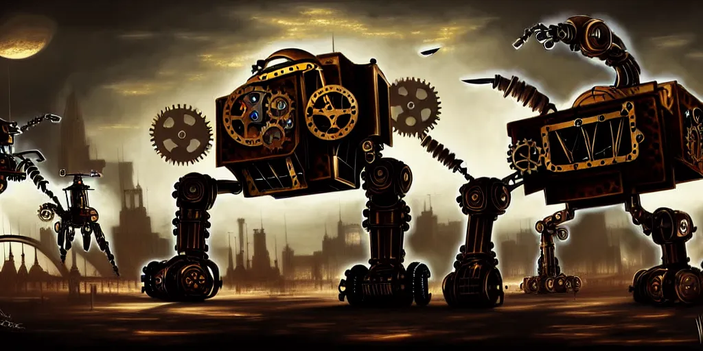 Image similar to steampunk robot wars, digital art, hyperrealistic, fantasy art, matte painting, 4K