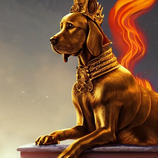 Image similar to golden dog sitting on a fiery throne, stylized, artgerm, artstation, hd, cgsociety, cgi, realistic, dramatic, cinematic, artistic, trending, detailed