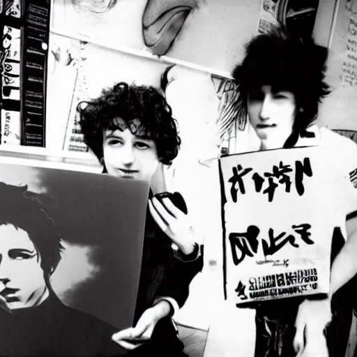 Image similar to young bob dylan holding an anime dakimakura, music cover art.