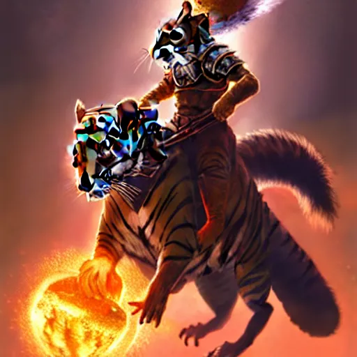 Image similar to Squirrel knight riding tiger, magic the gathering artwork, D&D, fantasy, cinematic lighting, centered, symmetrical, highly detailed, digital painting, artstation, concept art, smooth, sharp focus, illustration, volumetric lighting, epic Composition, 8k, art by Akihiko Yoshida and Greg Rutkowski and Craig Mullins, oil painting, cgsociety