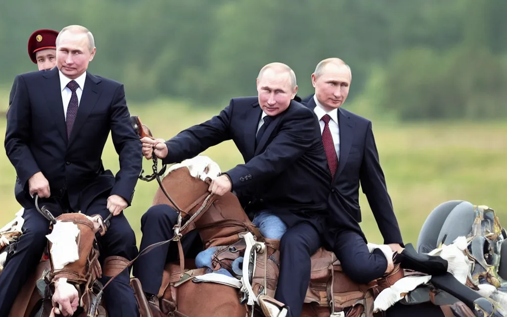 Prompt: vladimir putin rides on the back of alexander lukashenko