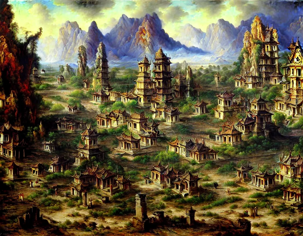 Image similar to hyper realistic detailed oil painting of ancient lost town of shangrila, 8 k ultra hd, by jan matejko