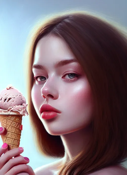 Prompt: a photorealistic detailed portrait of a beautiful girl eating ice cream, detailed, intricate, elegant, highly detailed, digital painting, artstation, concept art, smooth, sharp focus, illustration, art by greg rutkowskii 8 k