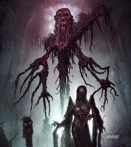 Image similar to gothic necrolord female with zombie servents, digital painting, liminal eerie midnight backlit, a picture taken by Michael Komarck and Daniel Ljunggren