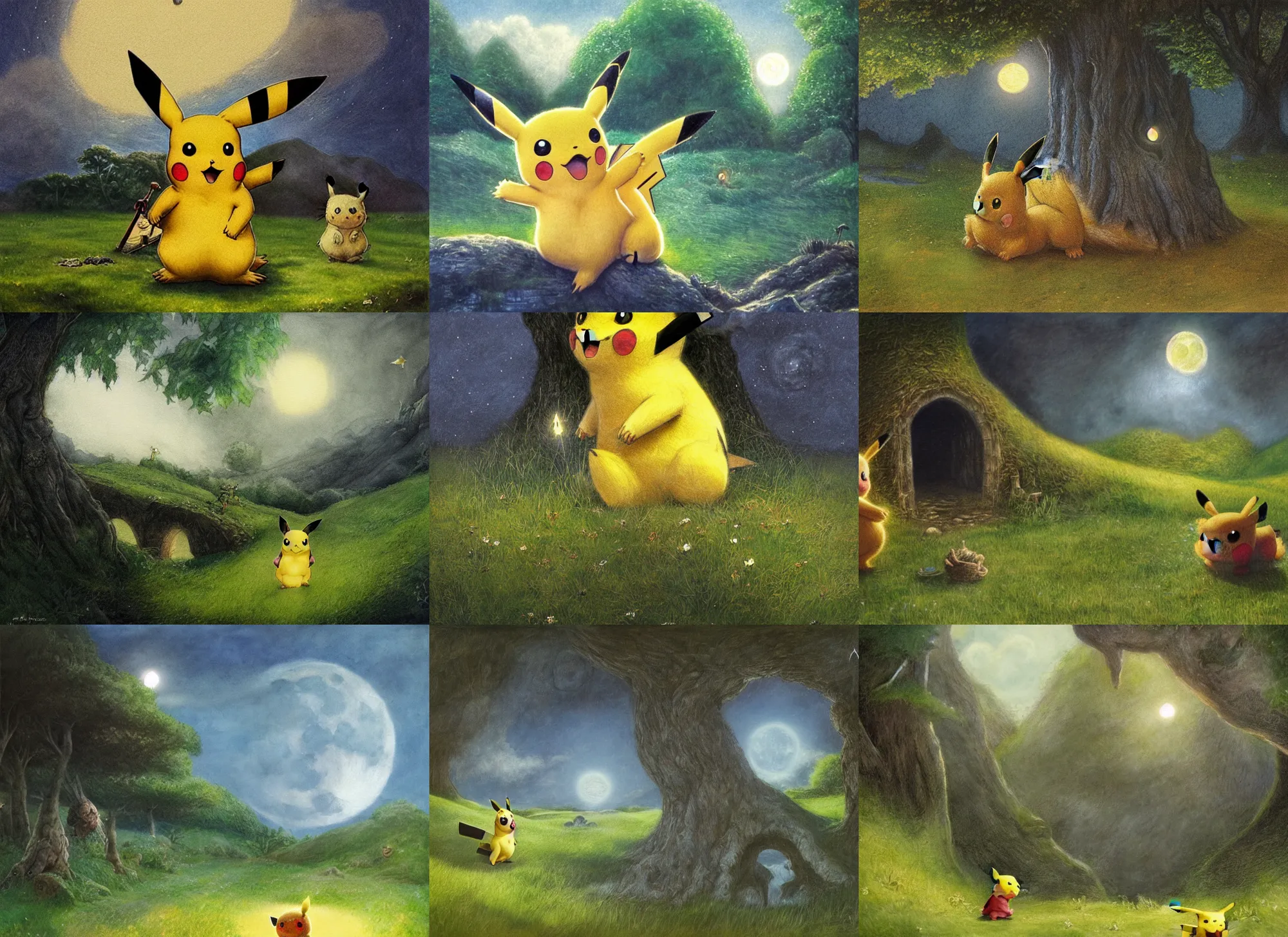 Prompt: Pikachu in the Shire by Alan Lee, moonlight, concept art, detailed clothing, art station, oil painting