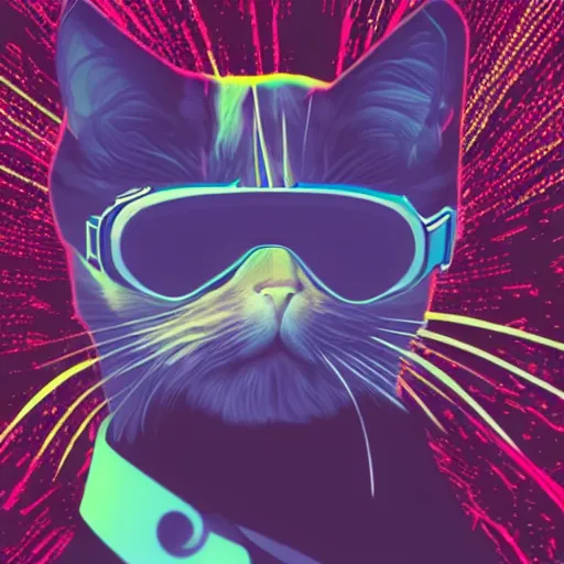 Image similar to cat wearing vr goggles, vaporwave poster illustration, artstation trending