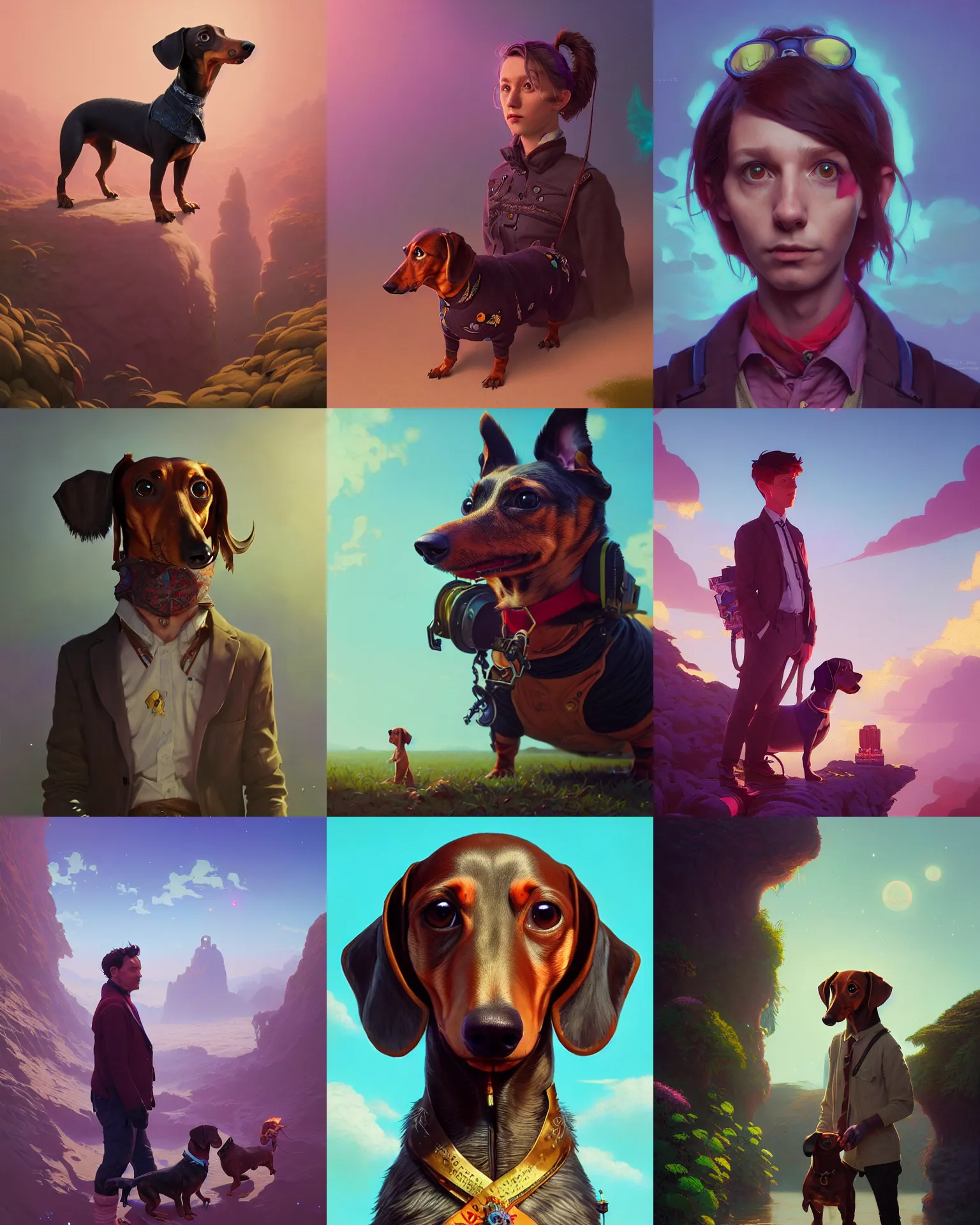 Image similar to highly detailed surreal vfx portrait of a nowpunk dachshund, stephen bliss, unreal engine, greg rutkowski, loish, rhads, beeple, makoto shinkai and lois van baarle, ilya kuvshinov, rossdraws, tom bagshaw, alphonse mucha, global illumination, detailed and intricate environment