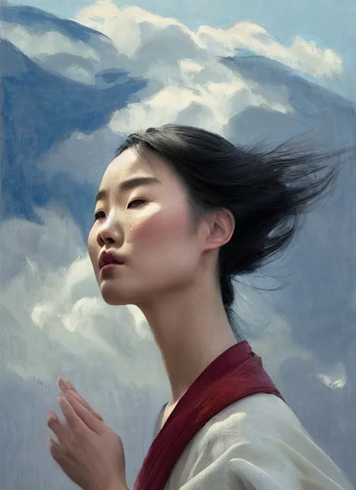 Prompt: portrait of Mulan in white cloth, countryside, fantasy character portrait, dynamic pose, above view, view from above, sunny day, thunder clouds in the sky, artwork by Jeremy Lipkin and Giuseppe Dangelico Pino and Michael Garmash and Rob Rey, very coherent symmetrical artwork, perfect face, simple form, 100mm