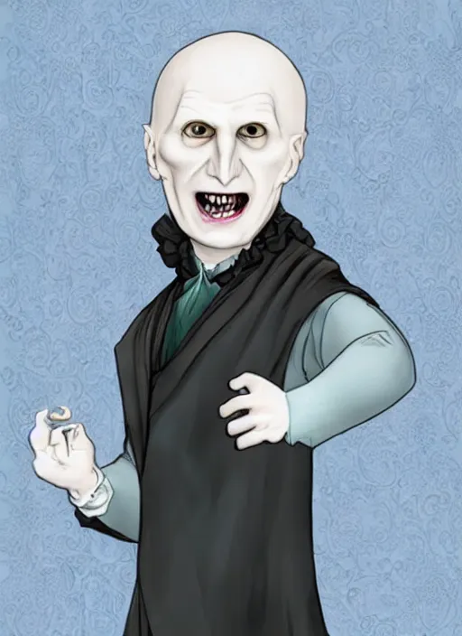 Image similar to Voldemort in a frilly dress rather happy with himself