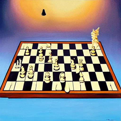 Image similar to painting of chess board in surreal landscape in the style of Salvador Dali