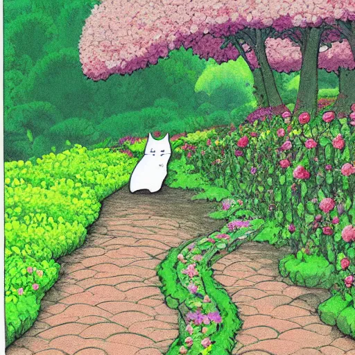 Prompt: Cat holding flower forest walkway, Ghibli art style