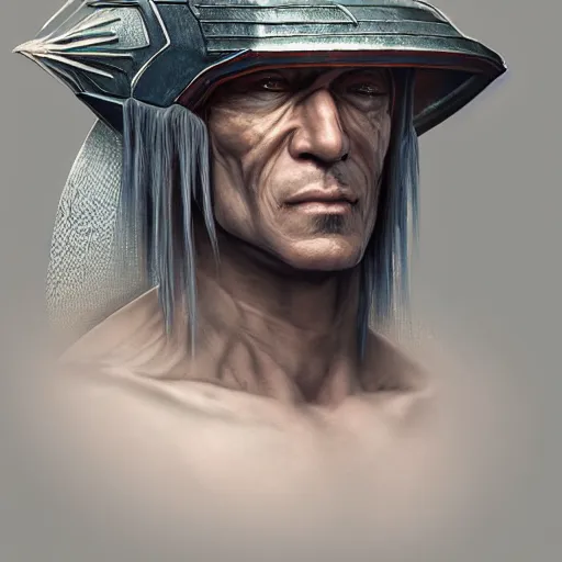 Image similar to hyper realistic, highly detailed hybrid of raiden from mortal kombat, and raiden from metal gear solid wearing an asian conical hat. portrait, stephen bliss, unreal engine, greg rutkowski, beeple global illumination, translucent, sub - surface scattering, detailed and intricate environment