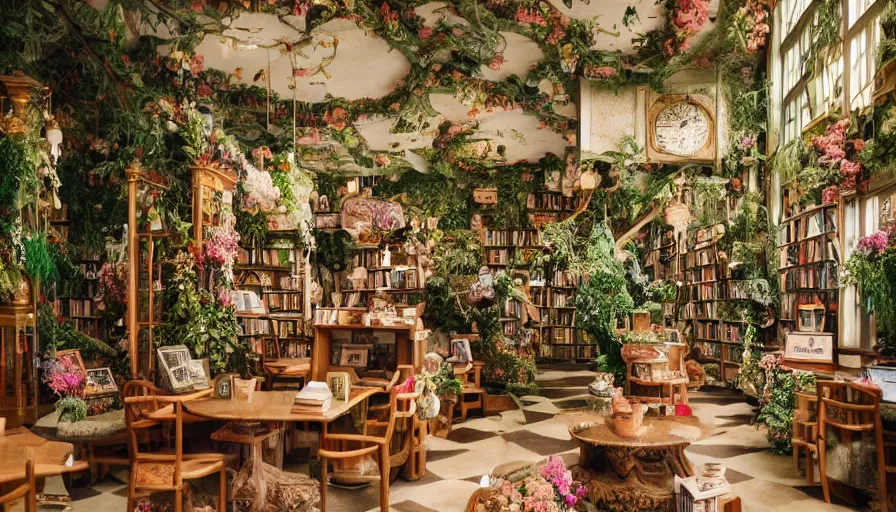 Prompt: Dreamy photo of a very very cozy bookstore cafe that is nestled into the lush PNW woods, lush plants and flowers, sleepy feeling, magical feeling, hazy, muted color palette, castles and temple details, ornaments, in the style of Gucci, photographed by Petra Collins and Wes Anderson, magic details, very detailed, 8k, trending on artstation, very detailed