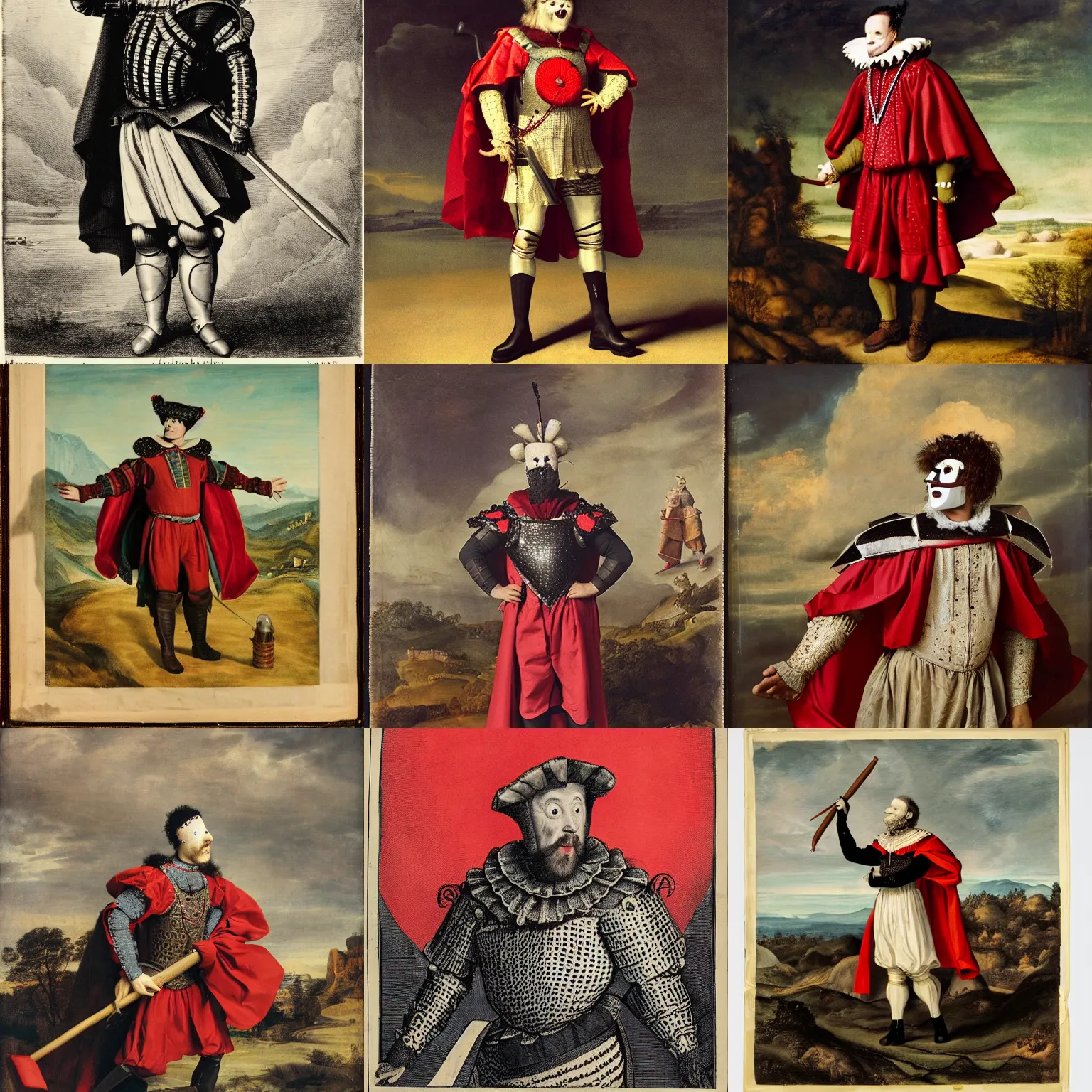 Prompt: man wearing theater comedy mask flies over a landscape , he is wearing plate armor and elizabethan boots and ruff, he is wearing a red billowing capelet draped over his shoulder, he carries a shortsword in his left hand, dramatic theater lighting