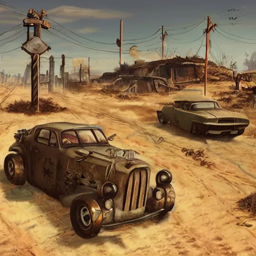 Image similar to fallout 4 wasteland, mad max fury road style painting