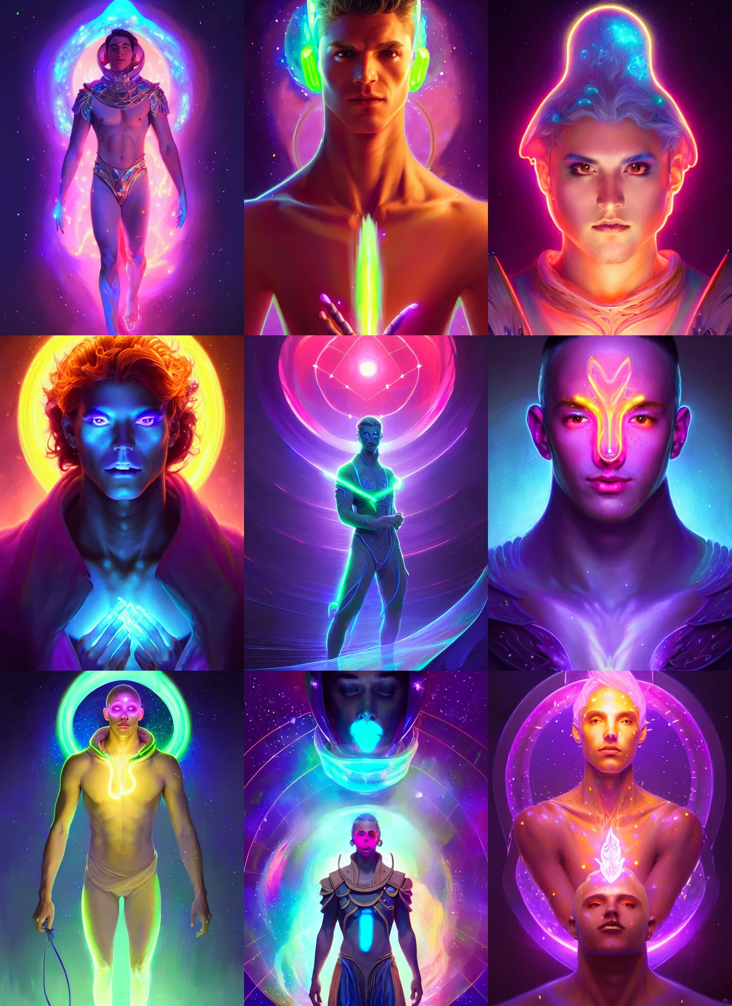 Prompt: a male faceless glowing liquefied stardust adventurer, dnd fantasy character, full body portrait, glowing neon skin, magical aura, ultra realistic, intricate, elegant, ccghighly detailed, digital painting, artstation, smooth, sharp, focus, illustration, art by artgerm and greg rutkowski and alphonse mucha and dan mumford, sacred geometry
