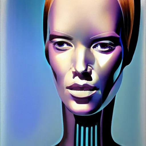 Prompt: female robot, facial portrait, by syd mead , airbrush, science fantasy