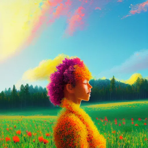 Image similar to girl with flower afro, standing in a field with flowers, hills, big trees, sunrise dramatic light, impressionist painting, colorful clouds, digital painting, pointillism, artstation, simon stalenhag