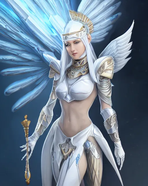 Prompt: perfect white haired egyptian goddess wearing white dove wings, warframe armor, regal, attractive, ornate, sultry, beautiful, ice queen, half asian, pretty face, blue eyes, detailed, scifi platform, 4 k, ultra realistic, android body, illuminated, cinematic, masterpiece, art by akihito tsukushi, voidstar, artgerm