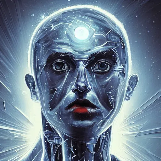 Prompt: surreal portrait of a man by Greg Rutkowski, symmetrical face, he is about 30 years old, short black hair with bangs, his features are a mix between French, Turkish and Russian, transformed into a kind of biomechanical transhuman god, blue glowing eyes, expression of epiphany and determination, cosmic void background, frightening, fascinating, highly detailed portrait, digital painting, book cover, artstation, concept art, smooth, sharp foccus ilustration, Artstation HQ