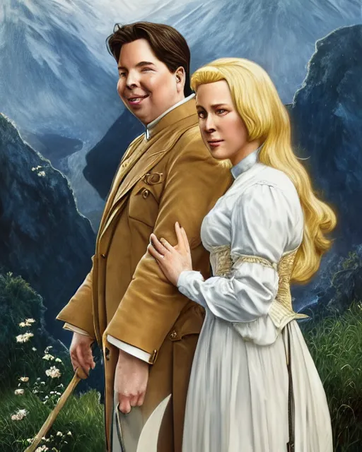 Prompt: Portrait of a  blonde lady and Michael mcintyre as characters in the Sound of Music,real life skin, intricate, elegant, highly detailed, artstation, concept art, smooth, sharp focus, art by artgerm and greg rutkowski and alphonse mucha