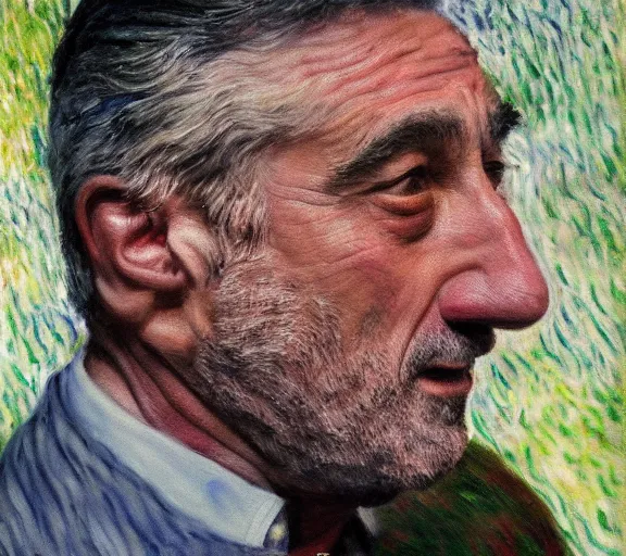 Image similar to a hyper-detailed oil painting of Robert DeNiro by Claude Monet; anatomically correct; trending on artstation