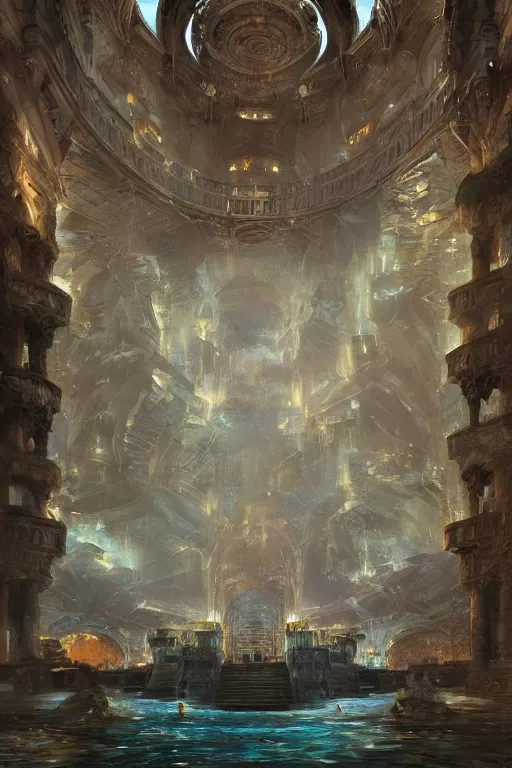 Image similar to inside of an atlantis palace, intricate, elegant, volumetric lighting, digital painting, highly detailed, artstation, sharp focus, illustration, concept art, ruan jia, steve mccurry