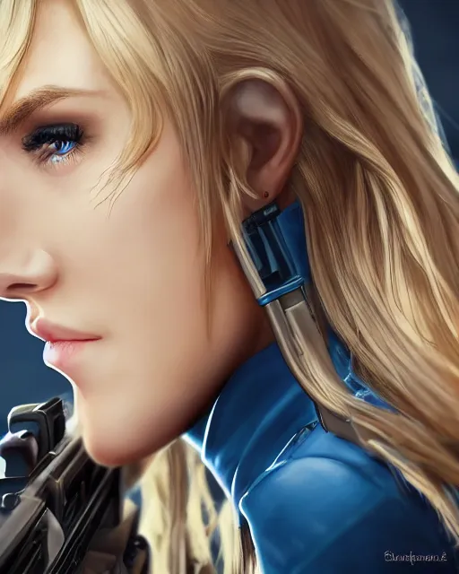 Image similar to side closeup of beautiful blonde female with blue eyes aiming l 9 6 a 1 rifle at target, award winning photography, extremely detailed, artstation, 8 k, sensual lighting, incredible art, wlop, artgerm, backlit, rim lighting, hi - fructose, cellshading, intricate lineart