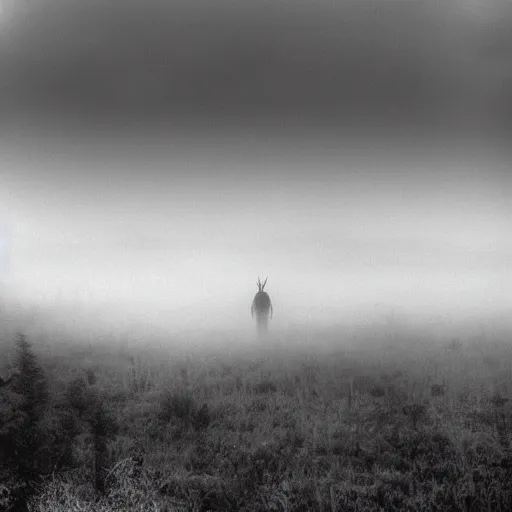 Image similar to old black and white photo of a distant giant monster peeking through the fog, creepy, scary, surreal,