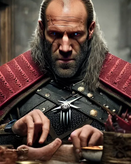 Prompt: jason statham cast as dijkstra in the witcher netflix series wearing soft red fabric aristocratic clothing, large outfit, royal attire, sitting at dining table, bald head