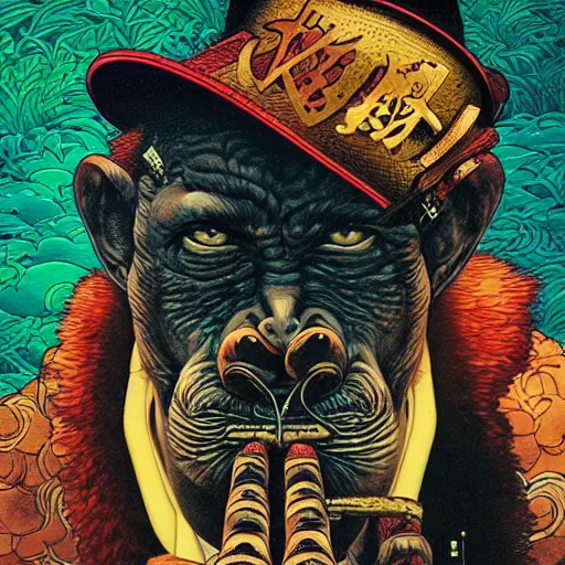 Prompt: portrait of crazy monkey smoking cigar, symmetrical, by yoichi hatakenaka, masamune shirow, josan gonzales and dan mumford, ayami kojima, takato yamamoto, barclay shaw, karol bak, yukito kishiro