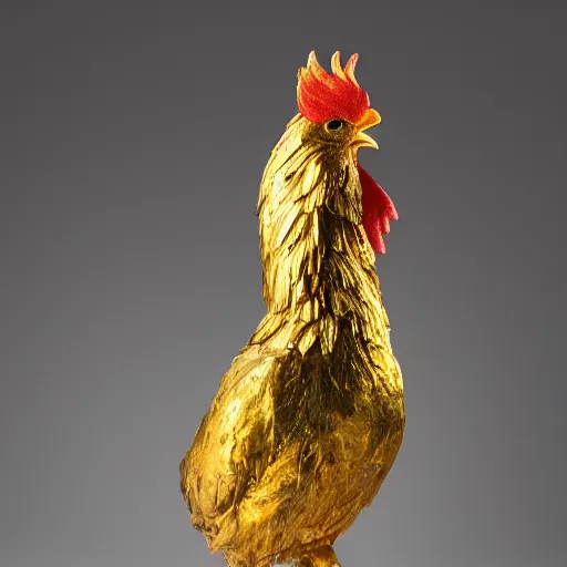 Prompt: a golden statue of a chicken, studio lighting, award-winning photograph -6 n