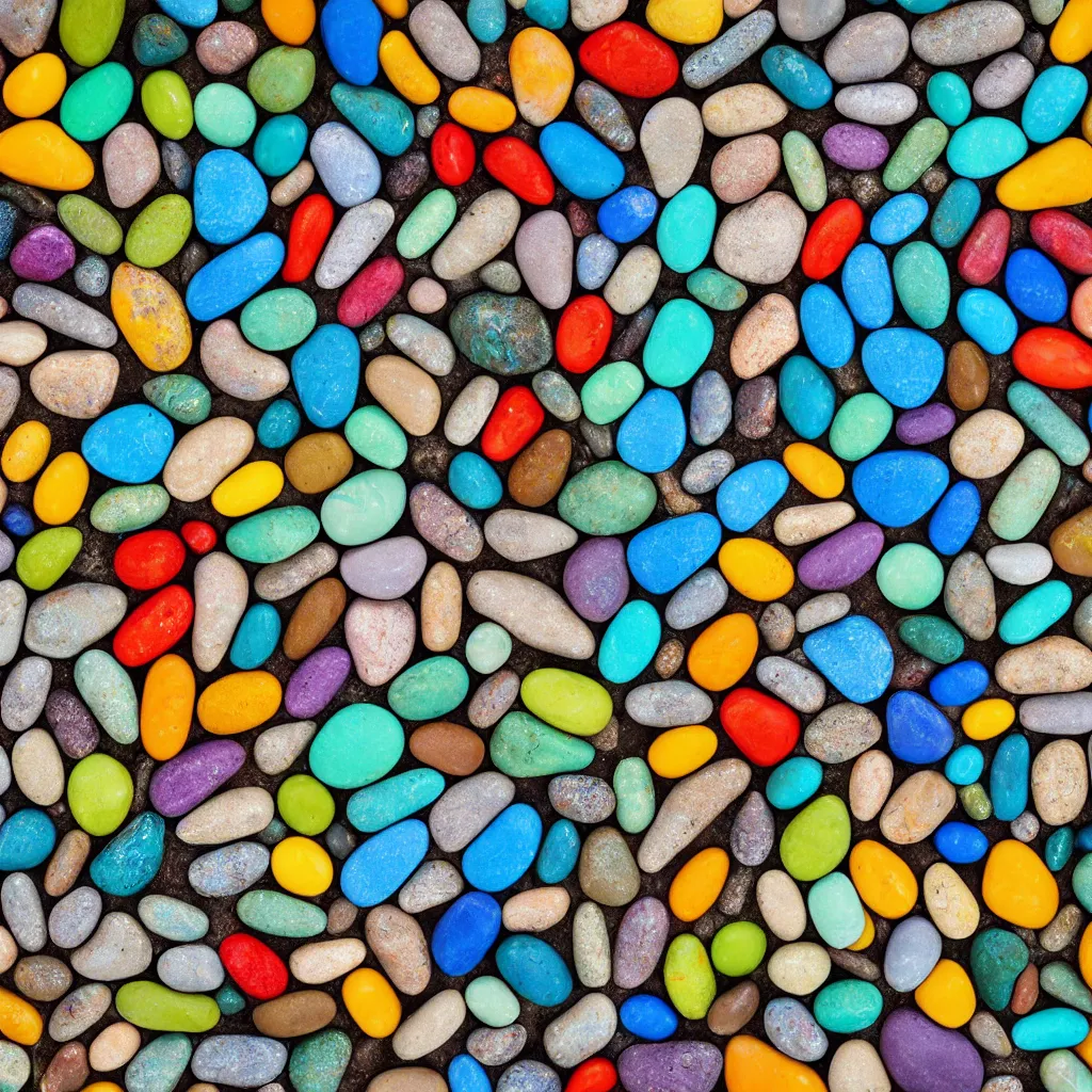 Image similar to rainbow rocks outdoor sculpture, desert with pills of bright blue water, birds eye view